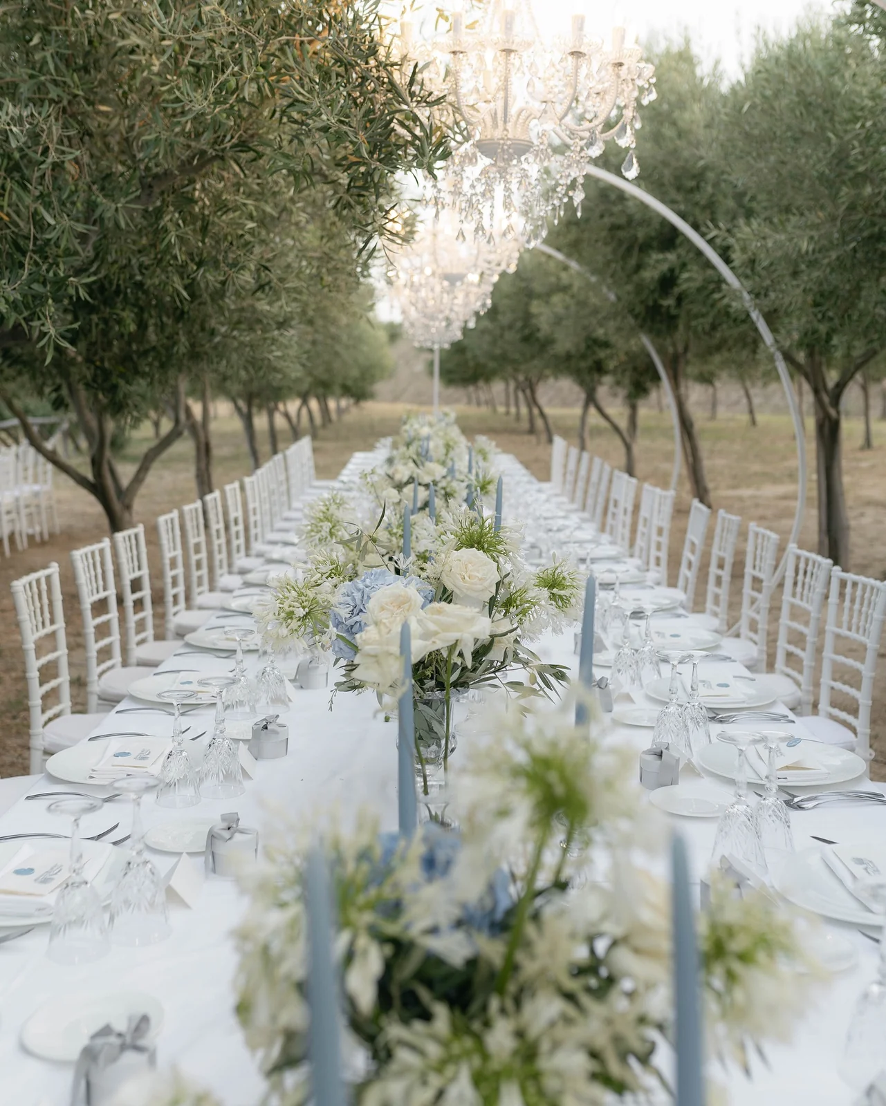 Tavola imperiale di lusso allestita tra gli ulivi con lampadari di cristallo — matrimonio in Calabria